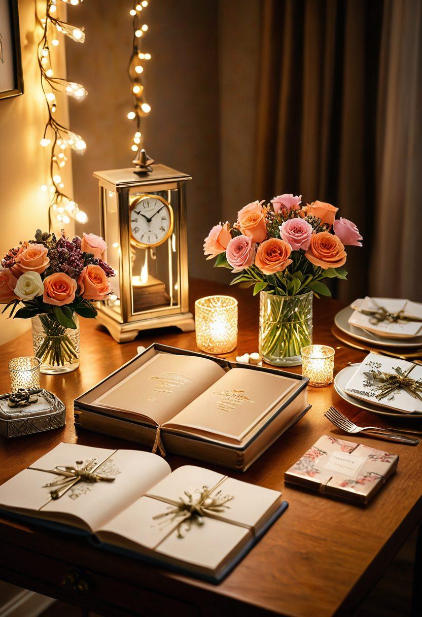 A beautifully arranged table filled with unique, personalized gifts, each representing special moments – like a custom-engraved watch, a photo album with vibrant memories, and handmade crafts. Soft, warm lighting enhances the cozy atmosphere, with delicate flowers and twinkling fairy lights in the background. The scene conveys a sense of nostalgia and celebration, inviting viewers to explore the joy of gifting. soft focus. warm colors. elegant styling.