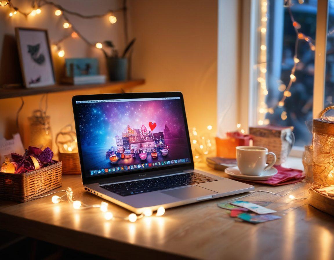 A cozy, well-lit workspace featuring a laptop displaying a vibrant online retail page filled with colorful love gifts. Surrounding the laptop are scattered heart-shaped items, gift boxes, and price tags showcasing discounts. Warm, inviting colors emphasizing romance and shopping. A cup of coffee sits beside the laptop, hinting at leisurely online browsing. Artistic touch of glowing fairy lights in the background adds a whimsical feel. super-realistic. vibrant colors. cozy ambiance.