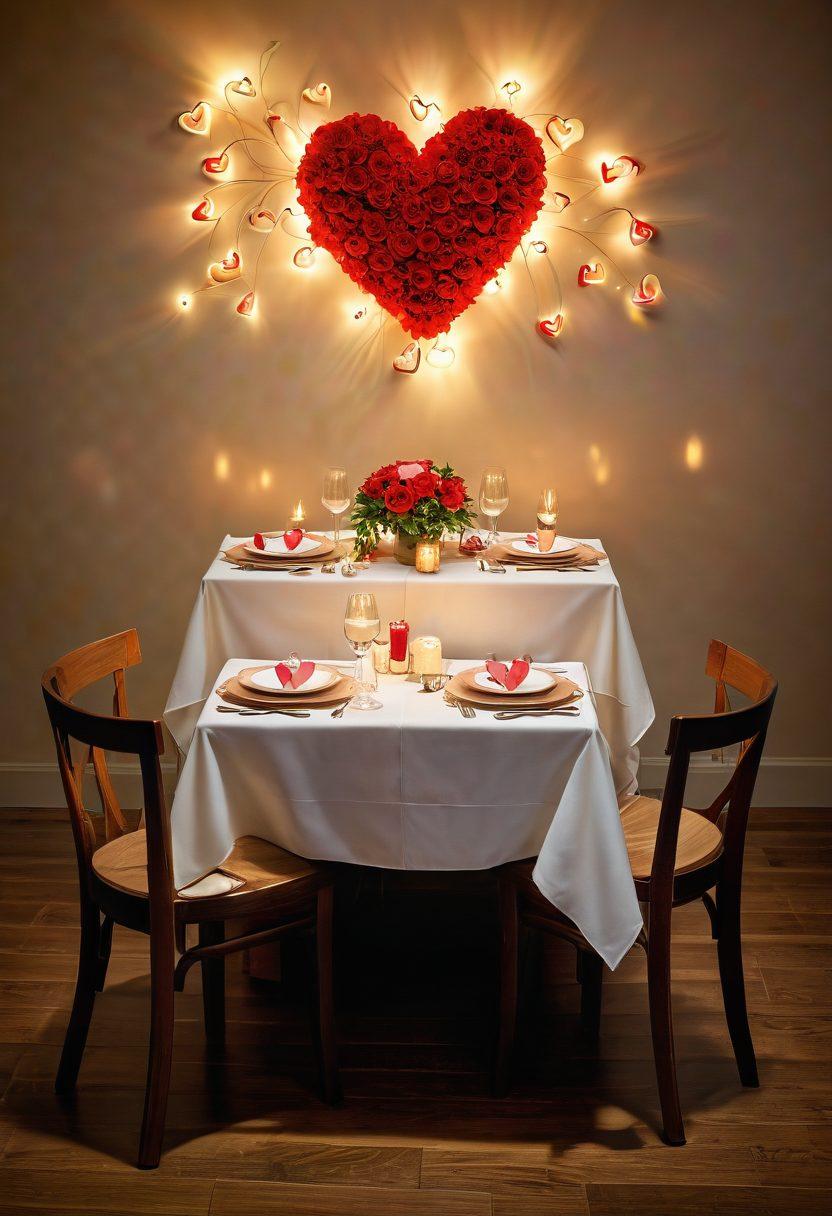 A cozy, beautifully arranged table set for two, adorned with thoughtful, affordable gifts like handmade crafts and romantic notes. Soft, warm lighting casts a glow over a backdrop of whimsical hearts, symbolizing love. Include delicate flowers and a heart-shaped cake to enhance the romantic vibe. This scene reflects an intimate celebration of love without extravagance. super-realistic. vibrant colors. soft lighting.